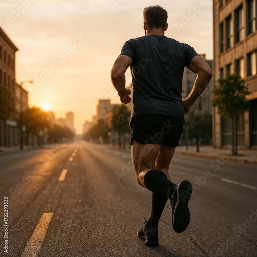 Male runner jogging on empty city street during sunset  