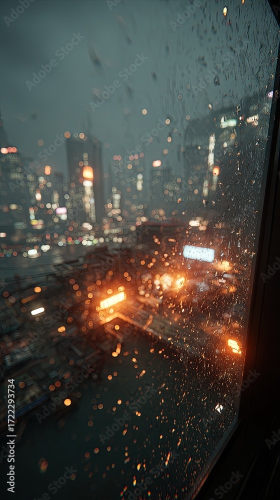 Obraz premium Dramatic Cityscape At Night Through Rainy Window