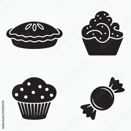 A colorful set of delicious bakery sweets and dessert treats, including cakes, cupcakes, and chocolate illustrations for a celebration