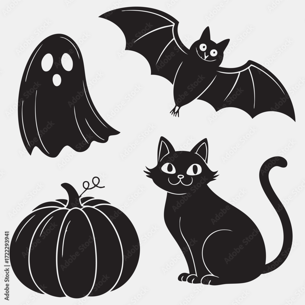 Fototapeta premium A collection of cute black cat illustrations in various poses, perfect for Halloween designs