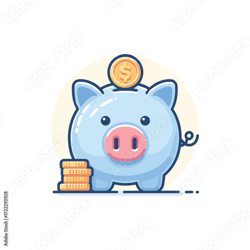 Cute blue piggy bank with coins, symbolizing savings (1)