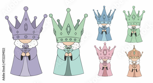Christmas icon vector colorful king characters with crowns holding gifts vector illustration for graphic design and decoration