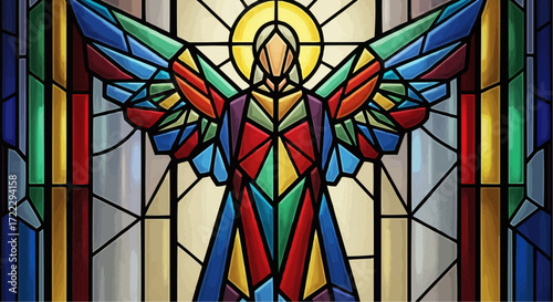 Christmas icon vector stained glass angel art illustration colorful geometric shapes design religious artwork decorative panel creation