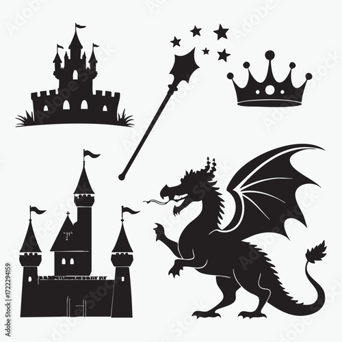 A whimsical Halloween cartoon with a flying dragon and bats swirling around a medieval fantasy castle against a moonlit night sky