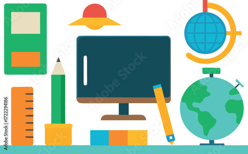 Vector illustration of classroom desk items blackboard globe ruler pencil and books scalable eps isolated on transparent background