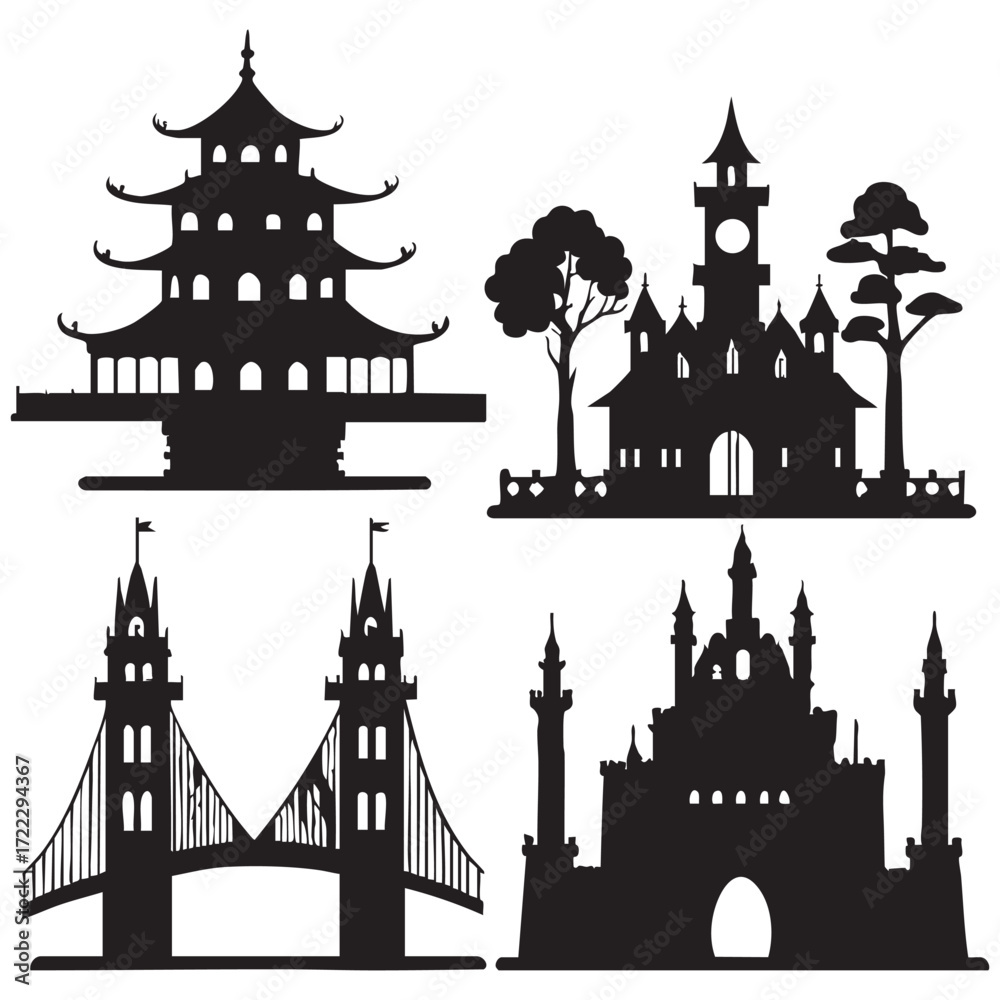 Fototapeta premium Vector silhouette of a historic European castle cityscape with towers and monuments