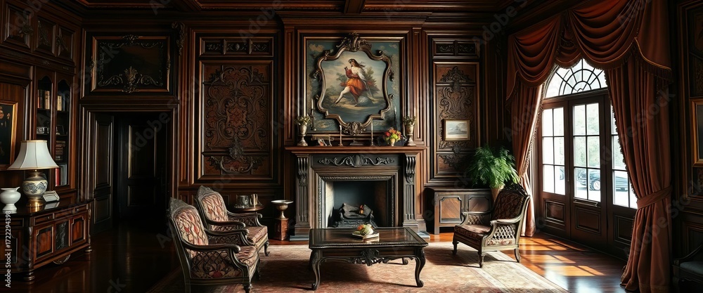 Fototapeta premium Antique wooden furniture, ornate fireplace, plush velvet drapes, lamp, shadows