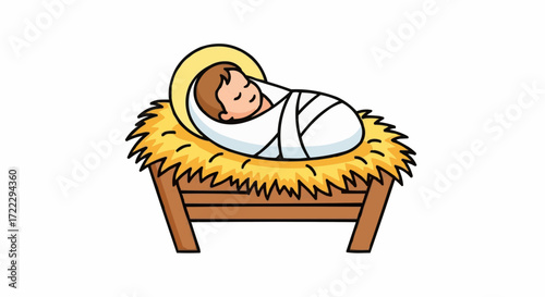 Christmas icon vector cartoon illustration of baby jesus in manger with halo for christmas nativity scene and holiday celebration