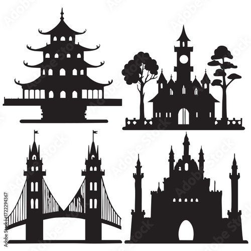 Vector silhouette of a historic European castle cityscape with towers and monuments