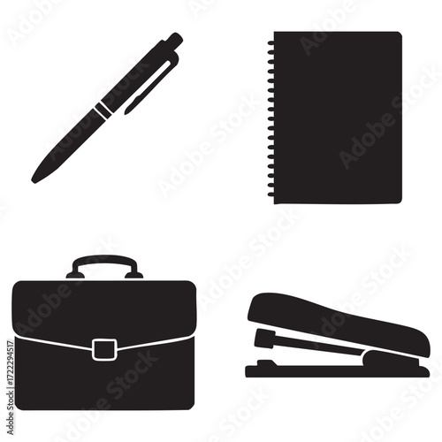 Vector set of black office stationery tools with ballpoint pen and leather notebook on a blank document