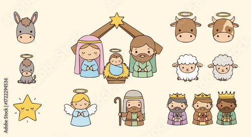 Christmas icon vector cute cartoon nativity scene svg christmas religious illustration vector design graphic for kids and adults