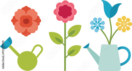 Blooming garden vector illustration set featuring roses peonies hydrangeas and watering cans for scalable design isolated on transparent background
