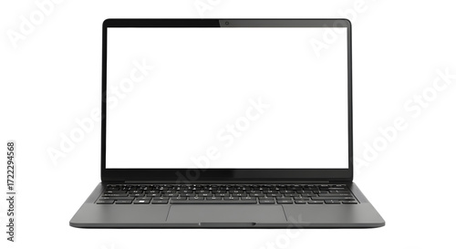 A modern, sleek laptop with a blank white screen, isolated on a transparent background, showcasing its keyboard and design