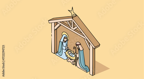 Christmas icon vector nativity scene illustration of baby jesus with mary and joseph in stable christmas holiday celebration art