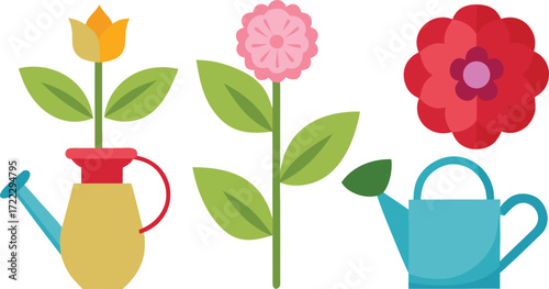 Blooming garden icons set rose peony hydrangea with watering cans vector illustration eps isolated on transparent background