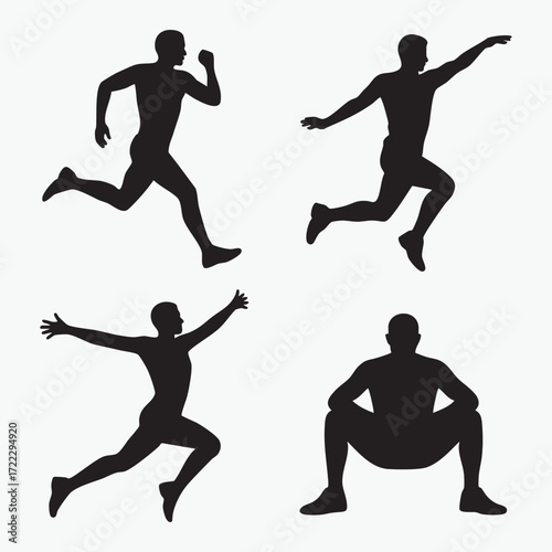 Black vector silhouettes of people playing various sports including running, soccer, and dance