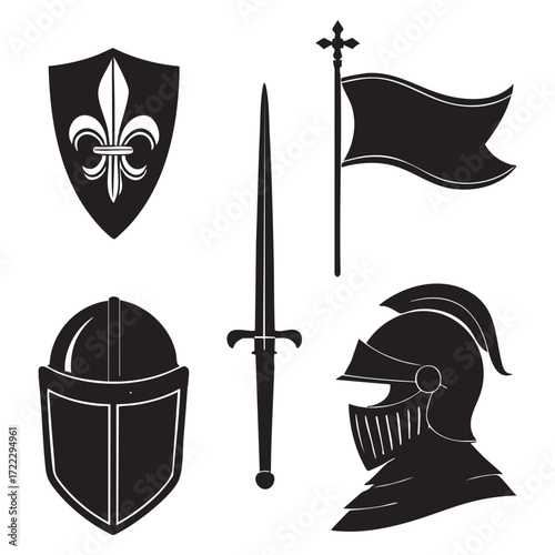 Black vector silhouette illustration set of a woman warrior holding a shield and sword