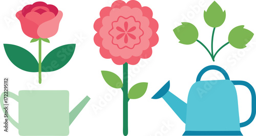 Blooming garden icons vector illustration of rose peony hydrangea and watering cans eps isolated on transparent background