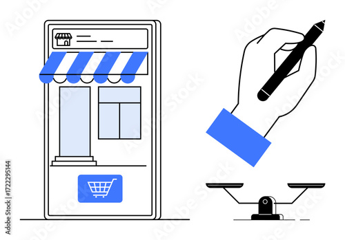 Digital storefront with a shopping cart icon, hand holding pen for creating content, and balance scale for decisions. Ideal for e-commerce, creativity, marketing, balance, design, retail strategy