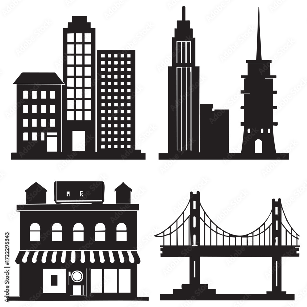 Fototapeta premium Urban vector silhouette of a city skyline with buildings and skyscrapers, ideal for a downtown architecture illustration