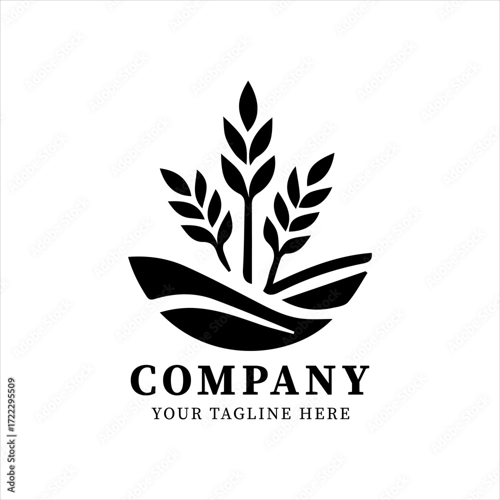 Fototapeta premium Minimalist Rice Wheat Logo Vector, Black and White Agricultural Silhouette, Eco-Friendly Food Symbol, Decorative Grain Artwork, Modern Farm Illustration for Branding, Organic Sustainability Identity