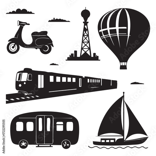 A vintage art drawing of a set of transportation icons with a ship, train, and car silhouettes for city travel