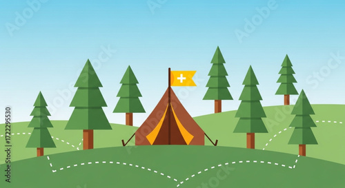 World Scout Day , the birthday of the Father of World Scouting  Camping Adventure in the Woods with Tent and Swiss Flag
