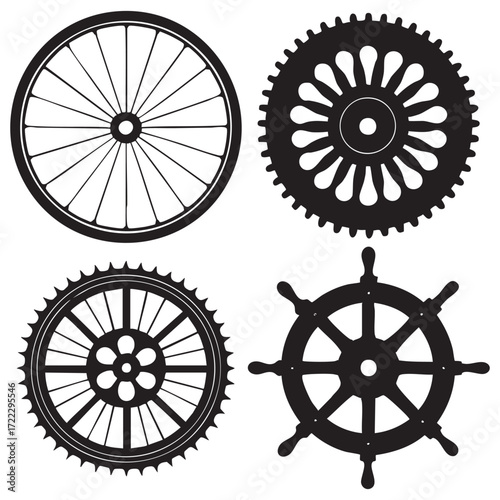 A vector set of bicycle wheels, gears, and a vintage steering wheel on a white background