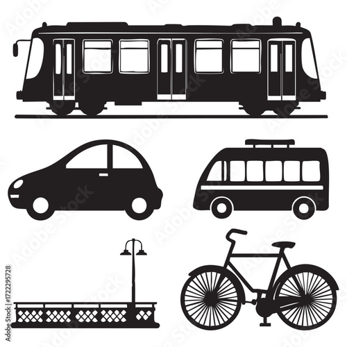 A set of retro transport icons including a classic London bus and vintage car illustrations