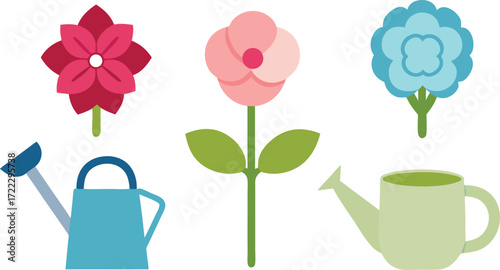 Set of blooming garden icons rose peony hydrangea watering cans vector illustration isolated on transparent background