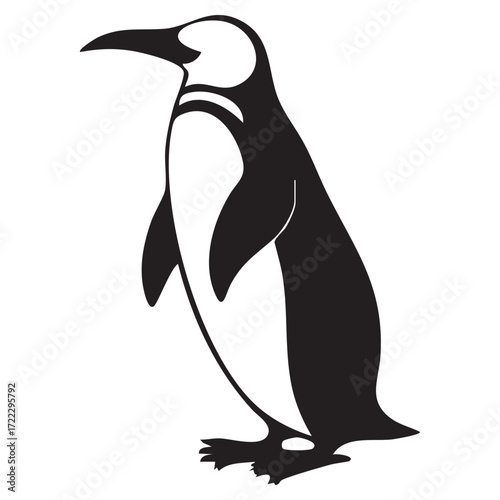 Vector cartoon illustration of a cute polar penguin silhouette on snow, a black and white winter bird from Antarctica