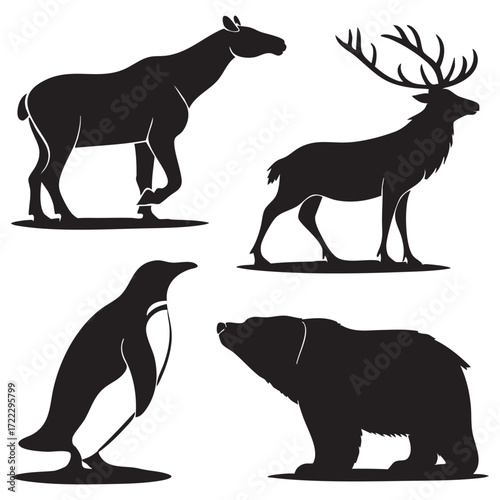 A set of animal silhouette vector illustrations including wild mammals like elephants, bears, wolves, and rhinoceros