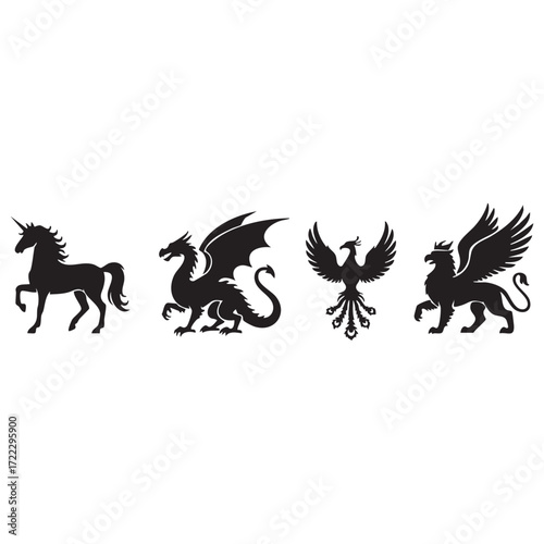 Heraldic lion and griffin animal vector design with a silhouette of a dragon for a tattoo or logo illustration