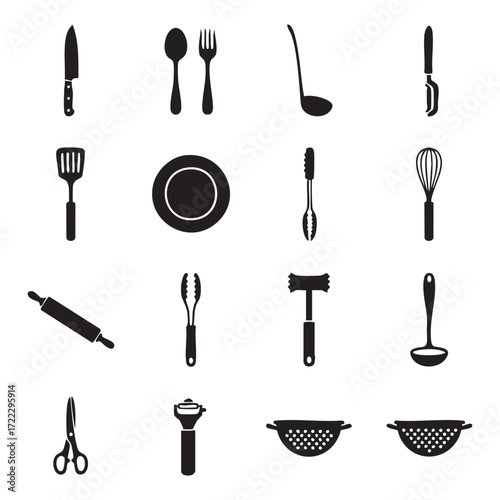 Kitchen tools vector silhouette icon set for a restaurant menu design