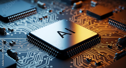 Futuristic artificial intelligence microprocessor on a complex circuit board for technology