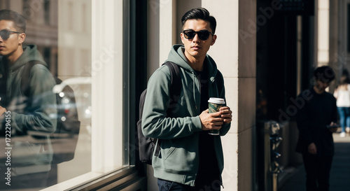 Young Asian man holding coffee cup while standing outdoors in sun