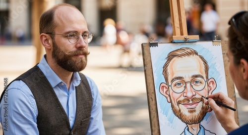 Man sitting for caricature artist in outdoor public space  