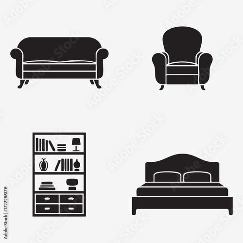 A vibrant vector illustration of a comfortable furniture icons set for a stylish living room or bedroom interior design