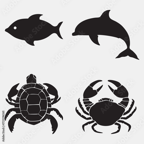 A colorful set of cute marine animal icons, including a shark, dolphin, and octopus, for a vector illustration