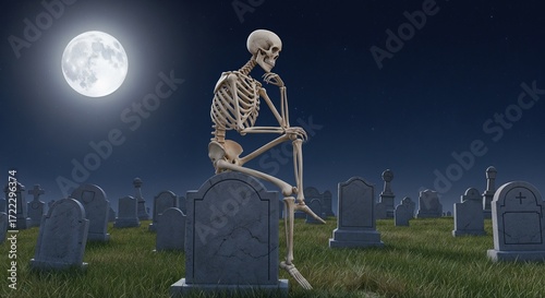 Skeleton sitting in graveyard under full moon at night  