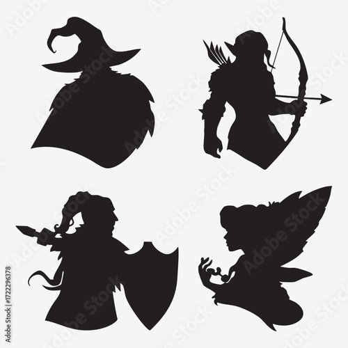 A silhouette vector illustration set of angels and devils with a woman in a dress and hat