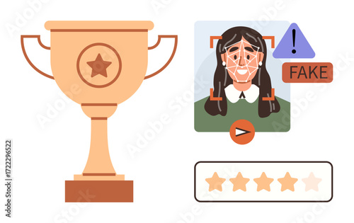 Trophy highlighting achievement, profile marked as fake by facial recognition tools, warning sign, play button, and star rating. Ideal for authentication, cybersecurity, AI, identity verification