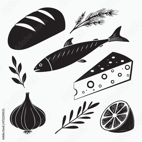 A seamless pattern of black and white feather and leaf vector icons with a bird silhouette