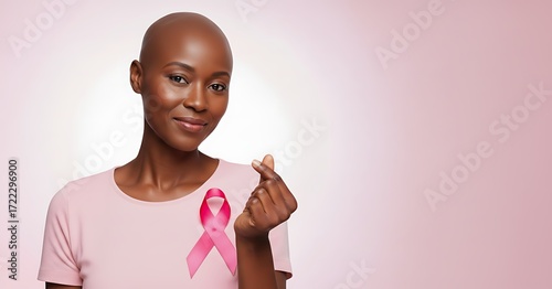 Bald Black Woman with Pink Breast Cancer Awareness Ribbon on Shirt Showing Finger Heart Symbol for Hope and Support. Pink October