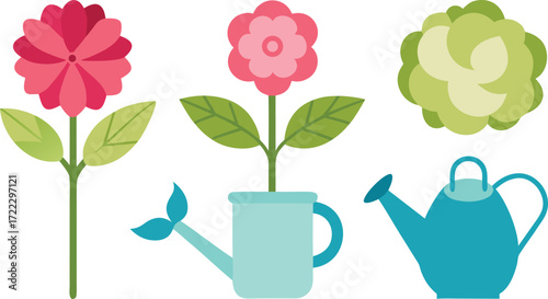 Scalable vector garden icons blooming flowers and watering cans eps illustration isolated on transparent background
