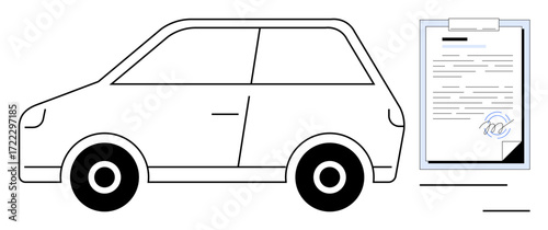 Compact car and signed document on clipboard symbolize vehicle ownership, insurance, contracts, licensing management. Ideal for automotive services, legal compliance, rental agreements, purchases