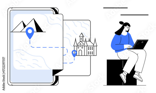 Woman researching travel destinations on laptop alongside a digital map with location pins, mountains, and a castle. Ideal for travel planning, navigation, exploration, tourism, technology, remote