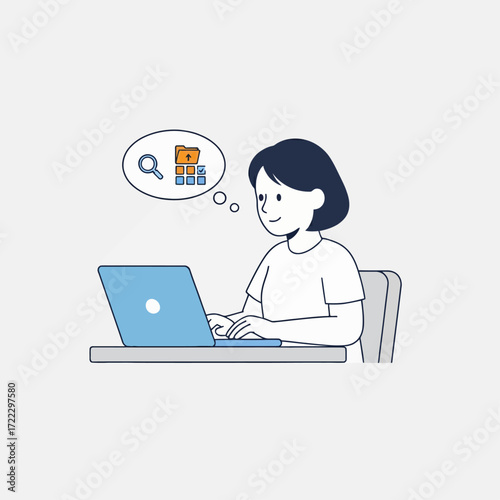 Simple Minimalist Flat Vector Illustration of a person organizing their digital files on a laptop.
