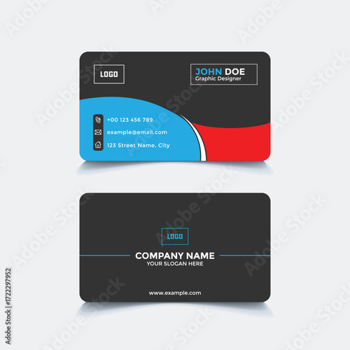 Professional Business Card in Blue and Red Color Scheme