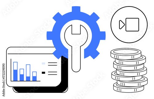 Gear and wrench for development, data chart for analysis, video icon, and stacked coins for finance. Ideal for business, analytics, technology, growth investment fintech innovation. Simple flat